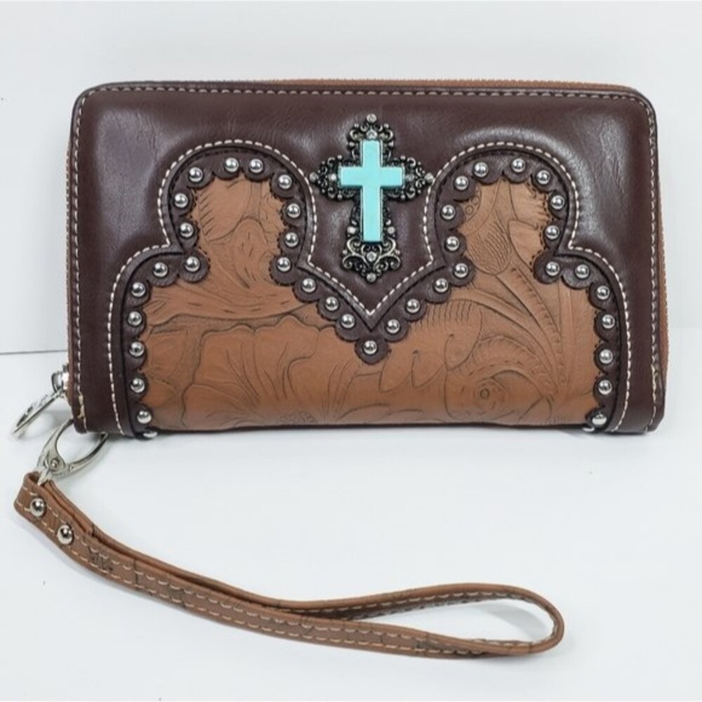 Rustic Couture Studded Turquoise Cross Embossed Western Wallet Clutch